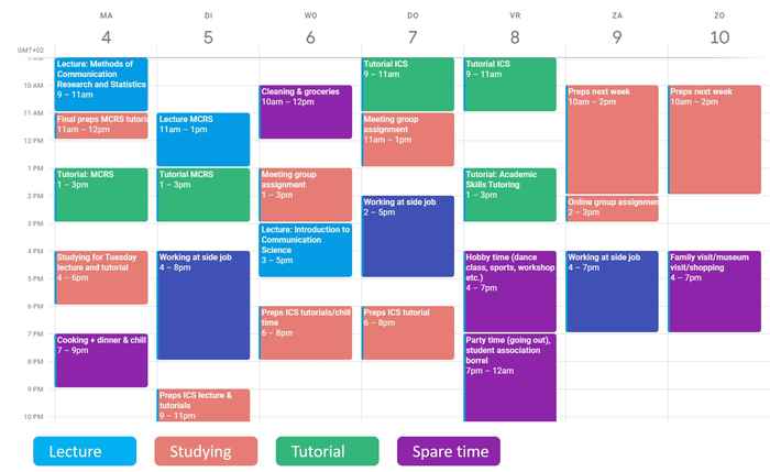 Voorbeeld rooster met verdeeld over de week: hoorcolleges, werkgroepen, sociale activiteiten, bijbaan, zelfstudie